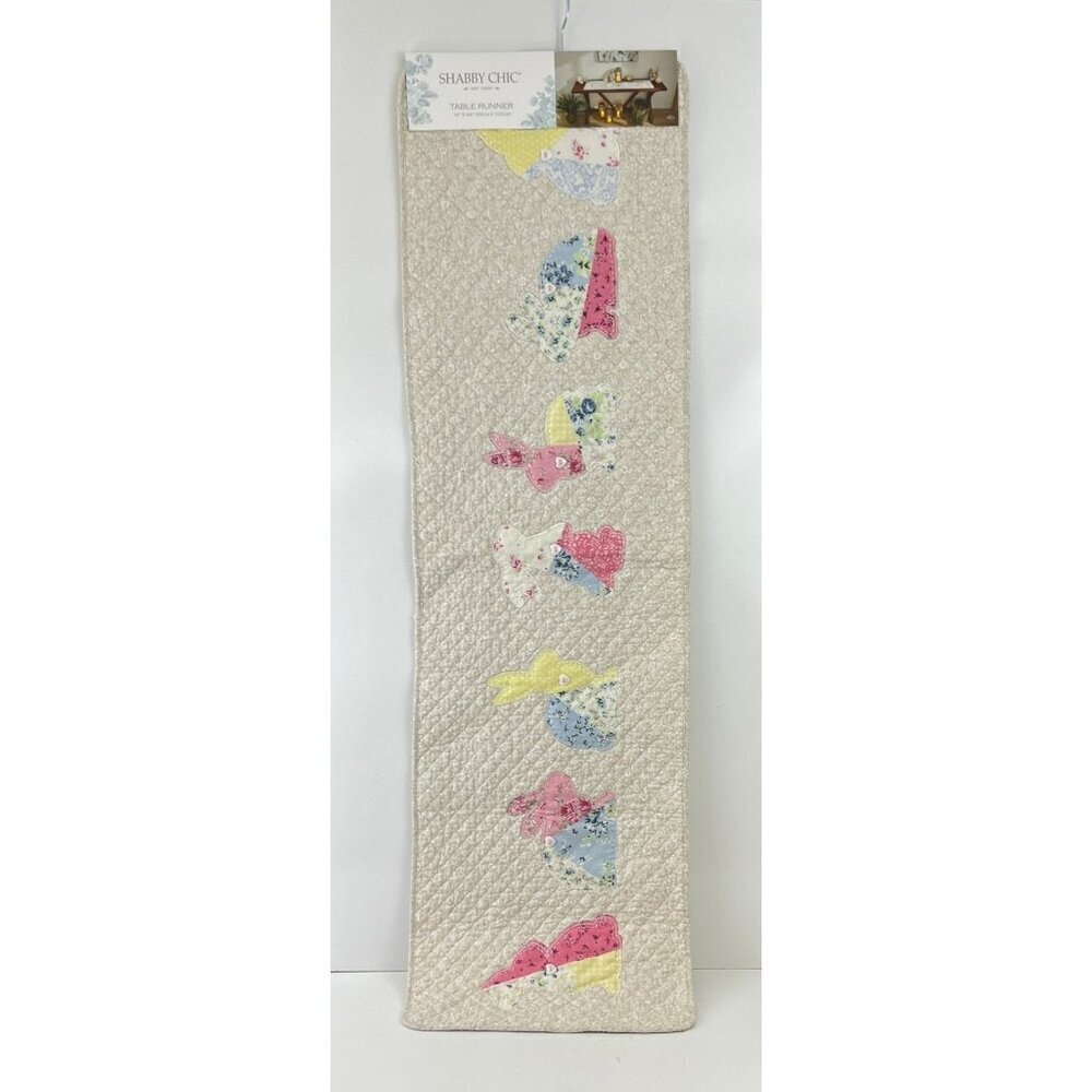 Shabby‎ Chic Quilted Table Runner With Bunny Appliqués 14"x48" Beige With Pastel